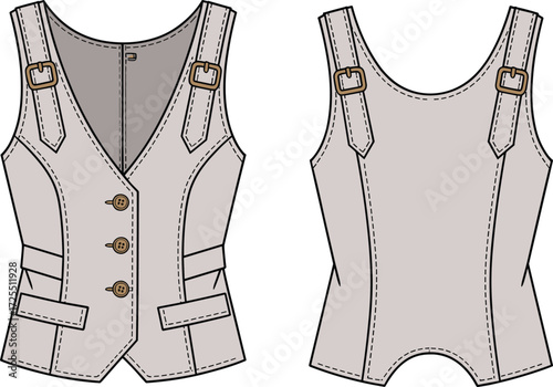 Women's vest illustration, technical fashion sketch, garment design, front and back view, V-neck, flap pockets, buckled straps, sewing details