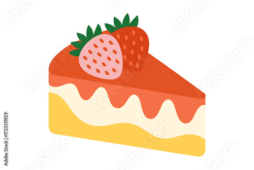 Strawberry cheesecake slice isolated on white background, vector illustration