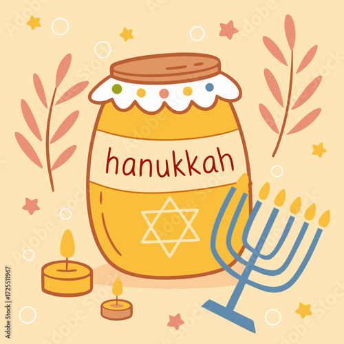Honey jar with hanukkah label and menorah on colorful background  