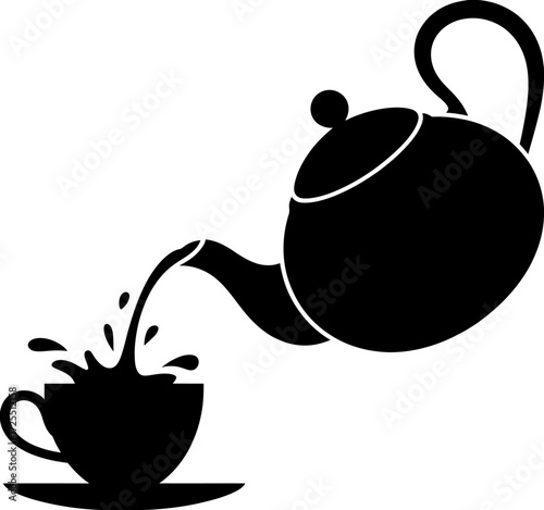 Silhouette of a teapot pouring tea into a cup with splash isolated on white background