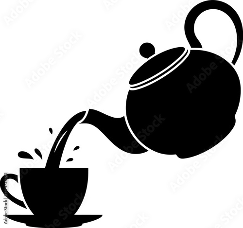 Silhouette of a teapot pouring tea into a cup isolated on white background