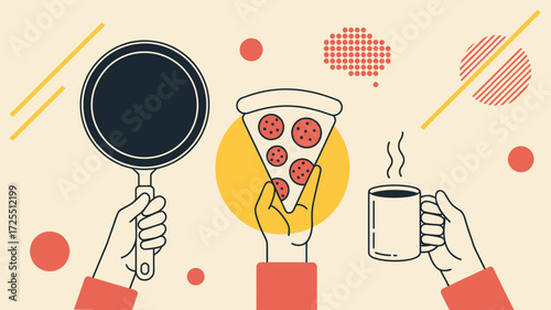 Hands holding pizza slice, frying pan, and coffee mug isolated on white background