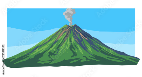 Active Volcano with Green Slopes and Smoke Plume.