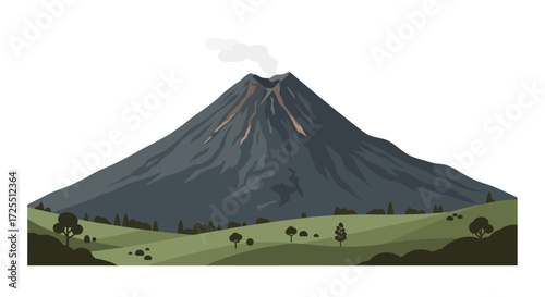 Active Volcano with Lush Green Valley Landscape.
