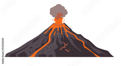 Cartoon Volcano Erupting with Lava and Ash Cloud Illustration.