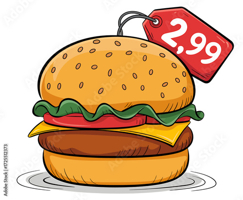 Delicious burger with price tag isolated on white background, vector illustration