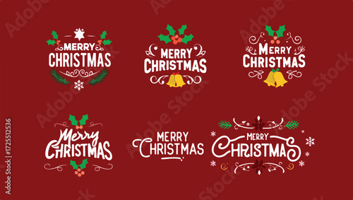 Collection of merry christmas typographic designs with festive holiday elements