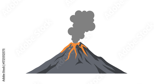 Erupting Volcano Illustration Gray Cone with Orange Lava and Dark Smoke Plume.