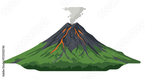 Erupting Volcano with Lava Flows and Green Slopes.