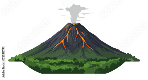 Erupting Volcano with Lush Forest Base.