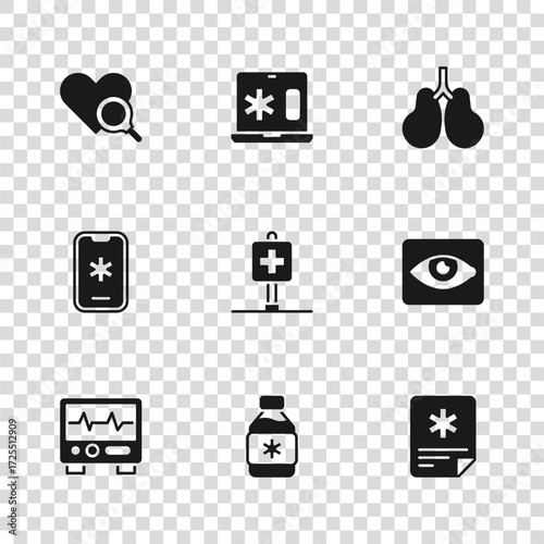 Set Bottle of medicine syrup, Red eye effect, Patient record, Location hospital, Lungs, Medical heart inspection, Clinical laptop and Emergency call 911 icon. Vector