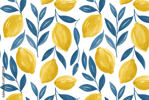 Seamless pattern with fresh lemons and blue leaves on a white background