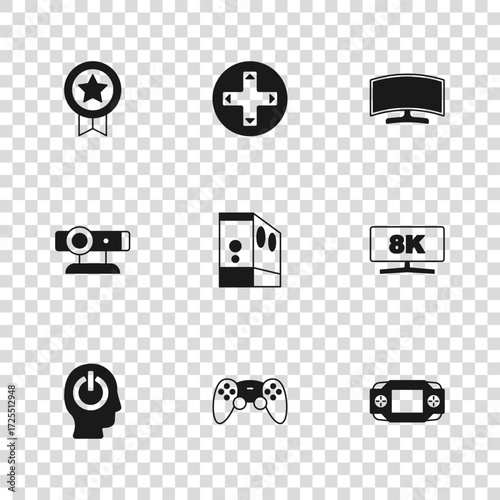 Set Game controller or joystick, Computer monitor, Portable video game console, Case of computer, rating with medal, and Web camera icon. Vector