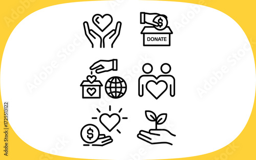 Collection of charity and donation icons isolated on white background