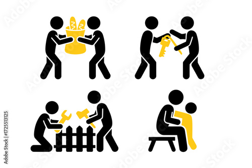 Stick figures depicting various acts of kindness isolated on white background