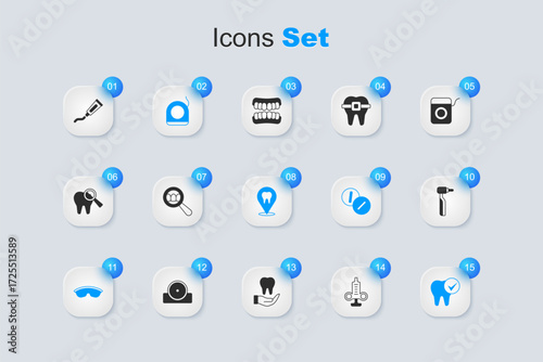 Set Syringe, Dental search, floss, Safety goggle glasses, Tooth, drill, Tube of toothpaste and clinic location icon. Vector