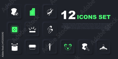 Set Leather, Hanger wardrobe, Needle bed and needles, Teddy bear plush toy, Sewing button for clothes, Textile fabric roll, pattern and sewing with thread icon. Vector