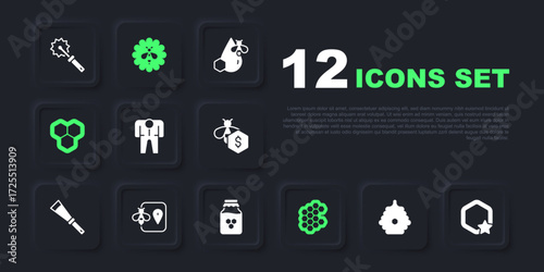 Set Hive for bees, Honeycomb, Beekeeper costume, location, flower and Jar of honey icon. Vector