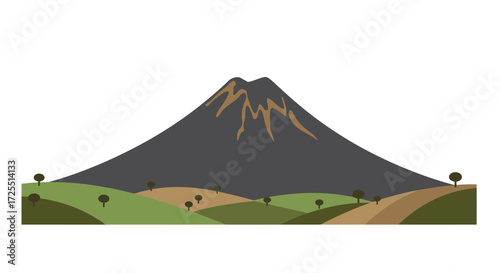 Flattened Illustration of a Volcano and Lush Hills.