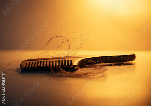 Comb with Hair Falling Out Depicting Hair Loss Concerns and Thinning Strands Amidst Warm Tones and Clinical Lighting
