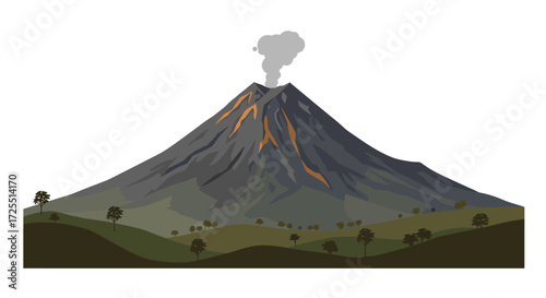 Illustrated Volcano with Lava Flowing Down the Sides and Smoke.