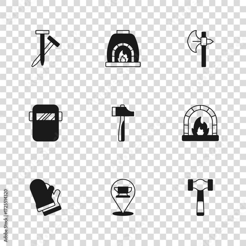 Set Blacksmith anvil tool, oven, Hammer, Medieval axe, Metallic nails, and Welding mask icon. Vector