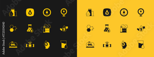 Set Motor gas gauge, Oil pipe with valve, and industrial factory, drop dollar symbol, petrol test tube, tank storage and icon. Vector