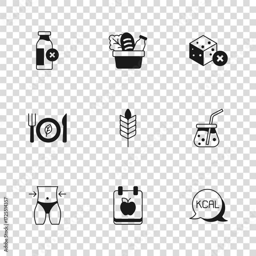 Set Diet plan, Fresh smoothie, Kcal, Wheat, No sugar free, Lactose intolerance, Shopping bag and food and Vegan diet icon. Vector