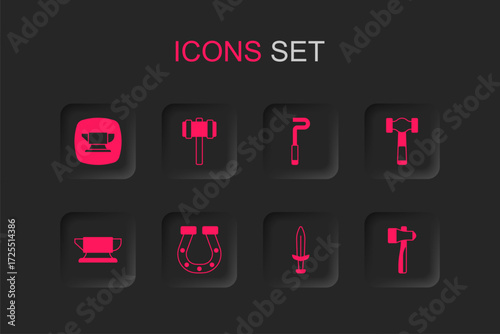 Set Horseshoe, Sledgehammer, Blacksmith anvil tool, Medieval sword, Hammer, Fire poker and icon. Vector