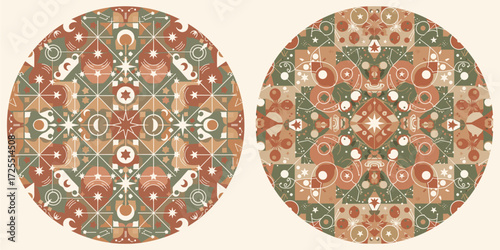 The design features repeating geometric icons of stars, planets, crescent moons, comets, constellations, and orbital rings arranged in a symmetrical circular layout.
