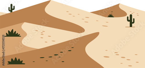 Vast desert landscape with rolling sand dunes and sparse cacti under a clear blue sky isolated on transparent background