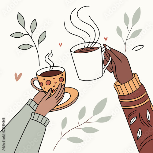 Coffee maker sketch, hand-drawn moka pot with steam, great for cafe art. Bold design features cup and takeout mug, perfect for morning or kitchen graphics. Hand holding adds a warm vibe.