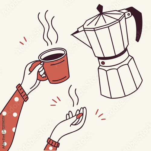 Moka pot drawing, hand drawn coffee tool with mist, cup and takeaway mug. Dynamic kitchen art for cafe design, daily graphics or beverage illustrations.