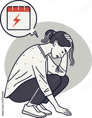 Exhausted girl illustration, hand drawn character in casual wear with battery low and downcast posture. Fatigue art for overwork graphics or wellness illustrations.