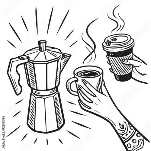 Coffee pot illustration, hand-drawn espresso maker with vapor, suits cafe decor. Striking style includes mug and to-go cup, great for breakfast or home prints. Hand grip brings a cozy feel.