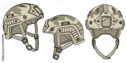 Tactical helmet illustration, camo military gear with durable straps and rugged build. Hand drawn army artwork for battle graphics and combat visuals.