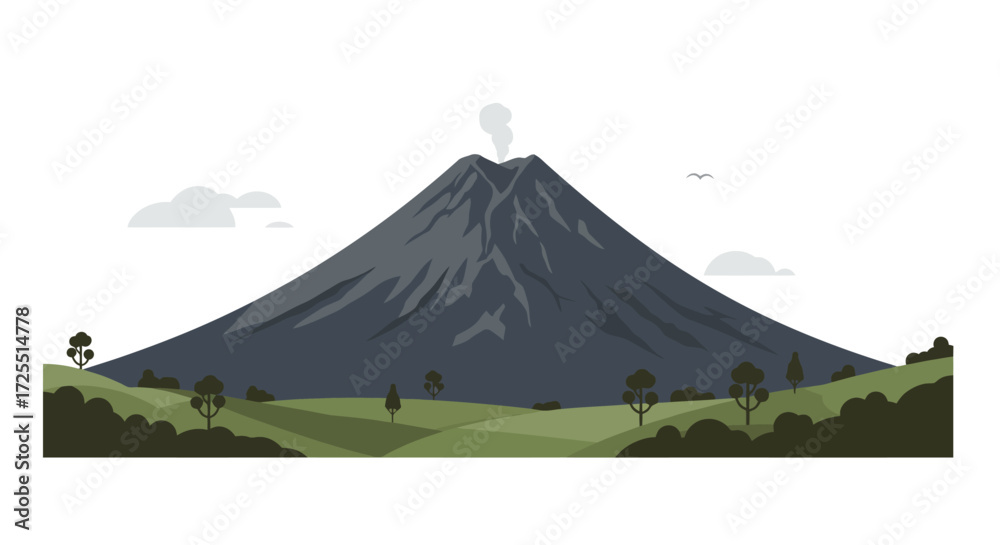 Fototapeta premium Stylized Vector Illustration of a Dark Gray Volcanic Mountain with Smoke.