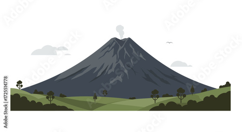 Stylized Vector Illustration of a Dark Gray Volcanic Mountain with Smoke.