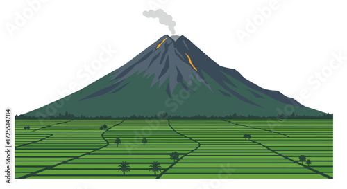 Smoking Volcano with Lava Flows Over Lush Green Rice Terraces.