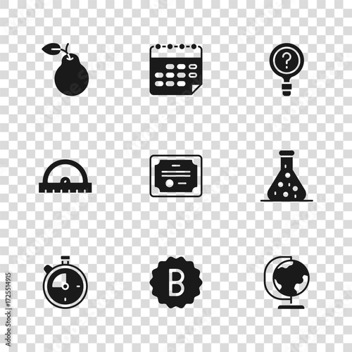 Set Exam paper with incorrect answers, Test tube, Earth globe, Certificate template, Unknown search, Pear, School timetable and Protractor grid icon. Vector