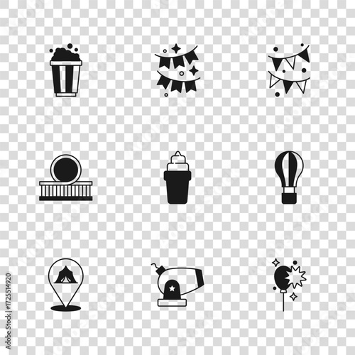Set Cannon, Hot air balloon, Balloons with ribbon, Ice cream in waffle, Carnival garland flags, Popcorn cardboard box, and Roller coaster icon. Vector