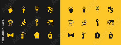 Set Map of Italy, Perfume, Old key, Pope hat, Olives branch, Carnival mask, French man and Ice cream in waffle icon. Vector