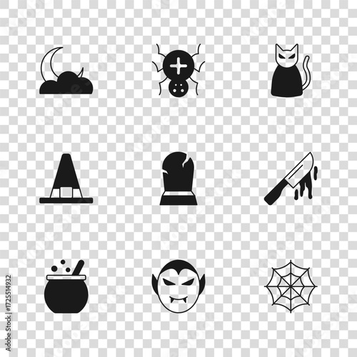 Set Vampire, Bloody knife, Spider web, Tombstone with RIP written, Black cat, Moon and stars, and Witch hat icon. Vector