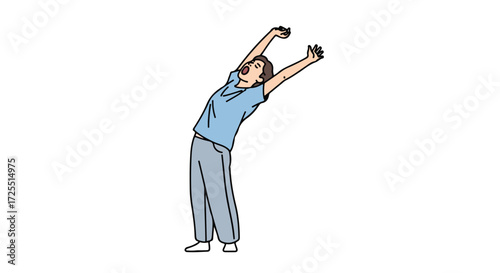 Illustration depicting a man stretching and yawning in casual clothes against a white background ready for the day