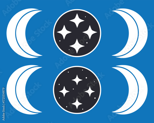 Blue Celestial Background Featuring Crescent Moon Phases and Sparkling Starry Night Sky