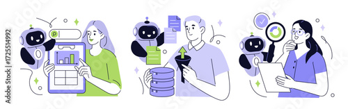 Data analysis with artificial intelligence set. Robot and people characters working together to analyze, search, and sort information. Predictive analytics concept. Vector illustration.