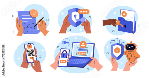 Characters holding laptop, smartphone and presenting various data protection services. Ai cybersecurity, two steps authentication technology concept. Vector illustration.