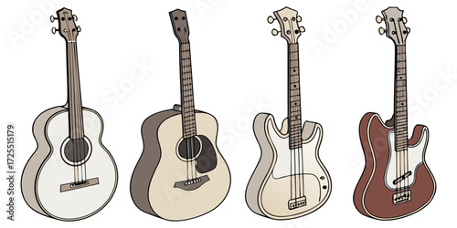 Create a realistic, high-resolution image featuring a lineup of different guitar types positioned side by side, similar to a comparison chart. Include various guitar styles such as