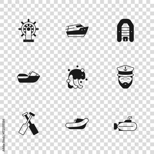 Set Inflatable boat with motor, Captain of ship, Submarine, Tsunami, Ship steering wheel, Speedboat and Jet ski icon. Vector