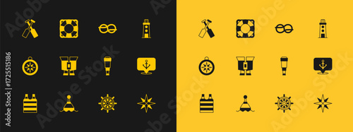 Set Lighthouse, Floating buoy, Spyglass telescope lens, Ship steering wheel, Binoculars, Nautical rope knots, Crossed oars or paddles boat and Lifebuoy icon. Vector